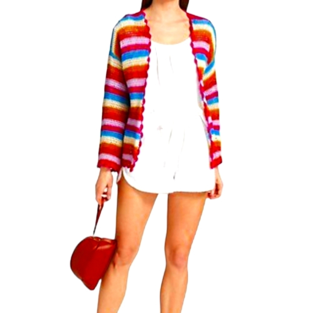 Xirena Carsyn Cardigan Multicolor Striped Crocheted Scallop Trim Oversize XS NWT